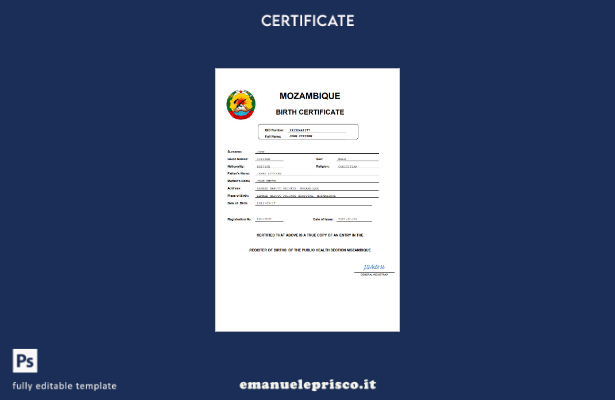 stile verificato Certificato di nascita del Mozambico Modello Word e PDF